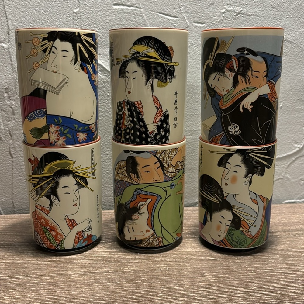 Rare Vintage Porcelain Japanese Geisha Tea Sake Drink Cups Mug Set of Six 1970s
